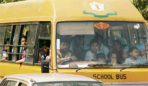A school bus jampacked with children in Chandigarh on Wednesday.