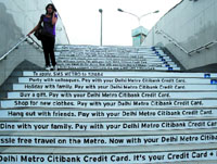 Message stickers pasted on the stairs at Rajiv Chowk Metro Station during the launch of Indias first co-branded 2-in-1 transit credit card, the 'Delhi Metro Citibank Credit Card', in the Capital on Wednesday.
