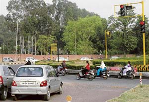 The traffic lights at Sector 33, 34, 20 and 21 roundabout in Chandigarh on Thursday.