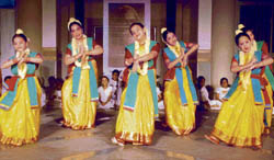 Students perform dance at Strawberry Fields World School in Chandigarh on Thursday.
