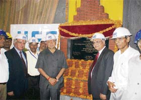 Union power minister Shushil Kumar Shinde after laying the foundation stone of the generating unit-I of the 231-MW Chamera hydroelectric project (stage-III) at Dharwala