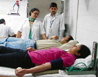 Medicos donate blood at a camp organised to mark World Red Cross Day and International Thalassemia Day at Dayanand Medical College and Hospital in Ludhiana on Thursday.