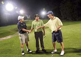 Brian W. Beaupre and Bob Romano of the Canandian High Commission with Chandigarh pro Harmeet Kahlon duirng the Chandigarh Night Golf Tourism Championship in Chandigarh on Friday.