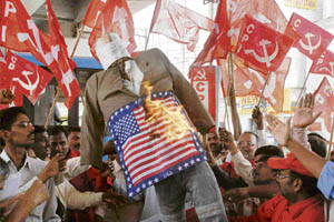 CPI activists burn an effigy of US President George W. Bush during a protest in Hyderabad on Friday.
