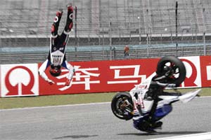 Spains Jorge Lorenzo was thrown from his Yamaha during a free practice for the MotoGP Grand Prix of China at the Shanghai International Circuit