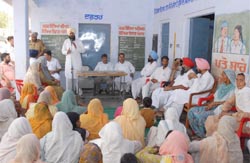 The ruling Shiromani Akali Dal (SAD) leader Saroop Chand Singla holding an election meeting at a government elemantary school in village Chughe- Kalan
