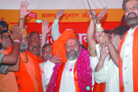 Jai Bhagwan Goyal with his supporters at the foundation ceremony of his party Rashtrawadi Shiv Sena in the Capital on Saturday.