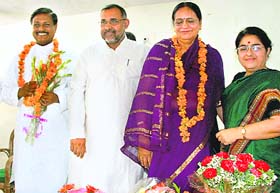 Kamla Sharma (second from right) after her election as BJP state unit president in Chandigarh