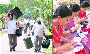 Election material being taken to polling station; and (right) polling staff check ballot papers on the eve of zila parishad and panchayat samiti elections in Ludhiana on Sunday.