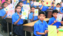 Students of BVM school during a poster-making competition in Ludhiana on Saturday.