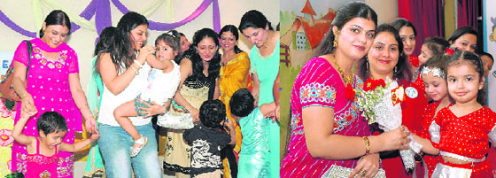 Mothers and children celebrate Mothers Day at Maple Bear playway nursery school; and (right) a student of Love Dale School presents a bouquet to her mother on Mothers Day in Ludhiana on Sunday.