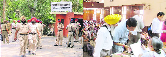 Police personnel man Government College for Women; and (right) SDM Amit Kaur Gill assigning duties to the poll staff in Ludhiana on Sunday.