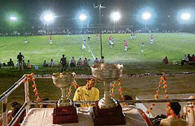 The trophies on display at the match venue. 