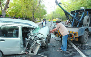A vehicle that was damaged in an early morning crash at 11 Murti near the Rashtrapati Bhavan in the Capital on Monday. Five persons were injured in the accident. 
