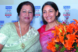 Ex-president, FICCI Ladies Organisation, Kusum Ansal with actress Deepti Naval at a panel discussion on her book Panchavati in the Capital on Monday.