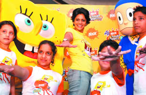 Brand ambassador of Nick Fundoo channel Mandira Bedi with participants of Nick Fundoo Superstar contest in the Capital on Monday. 