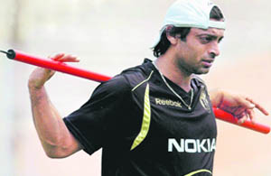 Kolkata Knight Riders Shoaib Akhtar during a practice session at Eden Gardens.