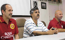 From left: Evan Speachly, physio of Royal Challengers, Dr M.S. Dhillon and Patric Farhart physios of Kings XI, Punjab, address mediapersons during a press conference at the PGI on Tuesday.