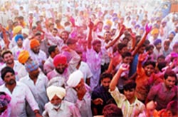 Celebrating after their partys win in the Zila Parishad and Block Samiti elections at Bhagta Bhai Ka village in Bathinda 