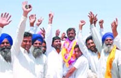 Jubilant SAD workers celebrating the victory after counting was over at Punjawa village in Muktsar district