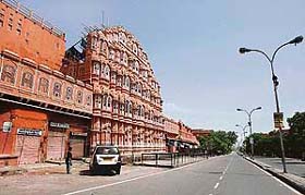 A view of Jaipaur's landmark Hawa Mahal during the curfew in the old city