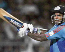 Sanath Jayasuriya hits a six against Chennai Super Kings during the IPL T20 match at the Wankhede Stadium in Mumbai on Wednesday. 