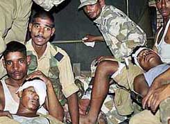 Injured ITBP personnel being taken to the hospital after a grenade exploded accidentally at Naraingarh on Thursday.