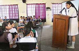 Students of Saint Soldiers School participate in a debate in Mohali on Thursday.