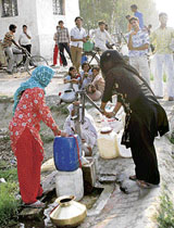 Residents of Jasia have to fetch water from this hand pump situated near the railway station, about 1 km from the village.