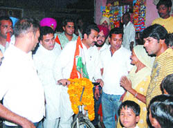 PYC chief Vijay Inder Singla during an election rally in Amritsar on Friday. 