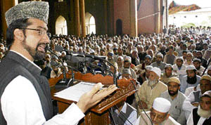 Chairman of the moderate faction of the All-Parties Hurriyat Conference, Mirwaiz Umar Farooq, delivers a speech in Srinagar on Friday. 