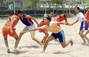 Kabaddi trials in progress at Guru Nanak Stadium in Ludhiana on Friday. 