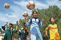 Girls at a football coaching camp in Srinagar.