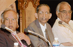 Justice S.B. Sinha of the Supreme Court flanked by the Chief Justice of the Punjab and Haryana High Court, Justice Vijender Jain (left), and Haryana Chief Minister Bhupinder Singh Hooda at a two-day mediation and conciliation meeting in Panchkula on Saturday.