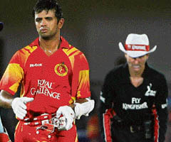 Bangalore Royal Challengers captain Rahul Dravid during the IPL-T20 match against Rajasthan Royals in Jaipur on Saturday. Dravids gallant unbeaten knock (36-ball 75) was not good enough to ward off defeat. 