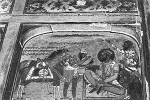 A mural showing Guru Hargobind receiving two horses from Bhai Bidhi Chand