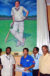 Mumbai Indians captain Sachin Tendulkar after unnveiling life-size painting of former Prime Minister Rajiv Gandhi at Rajiv Gandhi International Cricket Stadium Uppal in Hyderabad on Sunday.