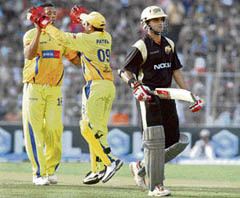 Makhaya Ntini of the Chennai Super Kings celebrates after dismissing Kolkata Knight Riders Sourav Gangulys during the IPL T20 match at Eden Gardens in Kolkata on Sunday.