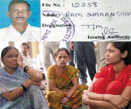 Wife and daughters of Ram Sharan Singh (inset), who was killed by a private bus on the BRT Corridor Lane at Pushp Vihar, at Taurma Centre in New Delhi
