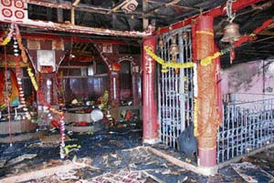 A view of the damage caused to the Hateshwari Devi temple in Sector 2 of New Shimla on Monday. The palanquin of the deity got damaged in the fire, leading to a loss of over Rs 15 lakh.