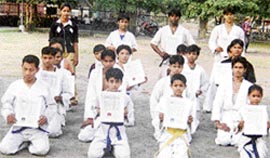 Participants at a gradation camp organised by the Punjab Ashihara Karate Federation in Ludhiana