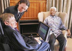 Former South African President Nelson Mandela (right) meets theoretical physicist Professor Stephen Hawking at Mandelas Foundation office in Johannesburg on Monday. Hawking is on a short visit to South Africa.