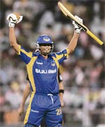 Rajasthan Royals Yusuf Pathan jubilates after hitting the winning stroke against Kolkata Knight Riders during the IPL T20 match at Eden Gardens in Kolkata on Tuesday.  PTI