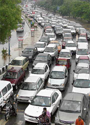 Rain resulted in a traffic jam on the expressway at the DLF (Phase-2) in Gurgaon on Wednesday.