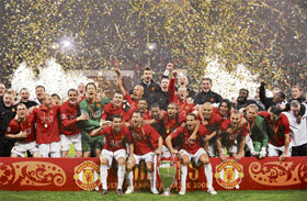 Manchester United celebrate after beating Chelsea in the final of the UEFA Champions League final at the Luzhniki stadium in Moscow on Wednesday.