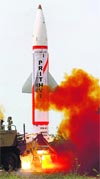 In this handout photograph from the Indian Ministry of Defence taken on Friday, the Prithvi surface-to-surface missile is launched during a test at Chandipur in Orissa.  AFP
