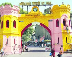 The original colour of Hall Gate, Amritsar, which was changed from pink to yellow, is being restored.