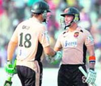 Herschelle Gibbs and Adam Gilchrist of Deccan Chargers during IPL T20 match against Bangalore Royal Challengers at Rajiv Gandhi International Cricket Stadium in Hyderabad on Sunday. 
