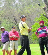 Twenty-year-old Gaganjeet Bhullar of Kapurthala goes for a big drive on the 15th hole in the Pro-Am event of the PGTI Players Championship at the Chandigarh Golf Club on Tuesday.