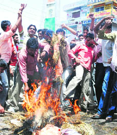 Agitated members of the Gujjar Vikas Sabha burn an effigy of Rajasthan Chief Minister Vasundhara Raje at Committee Chowk in Karnal on Tuesday.